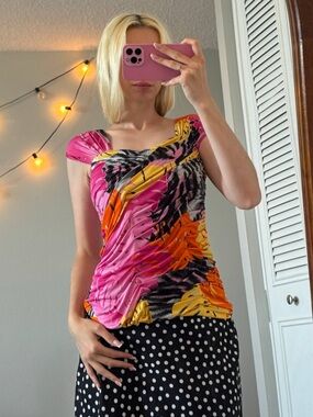 Women’s Pink & Orange Tropical Print Twist Neck Top